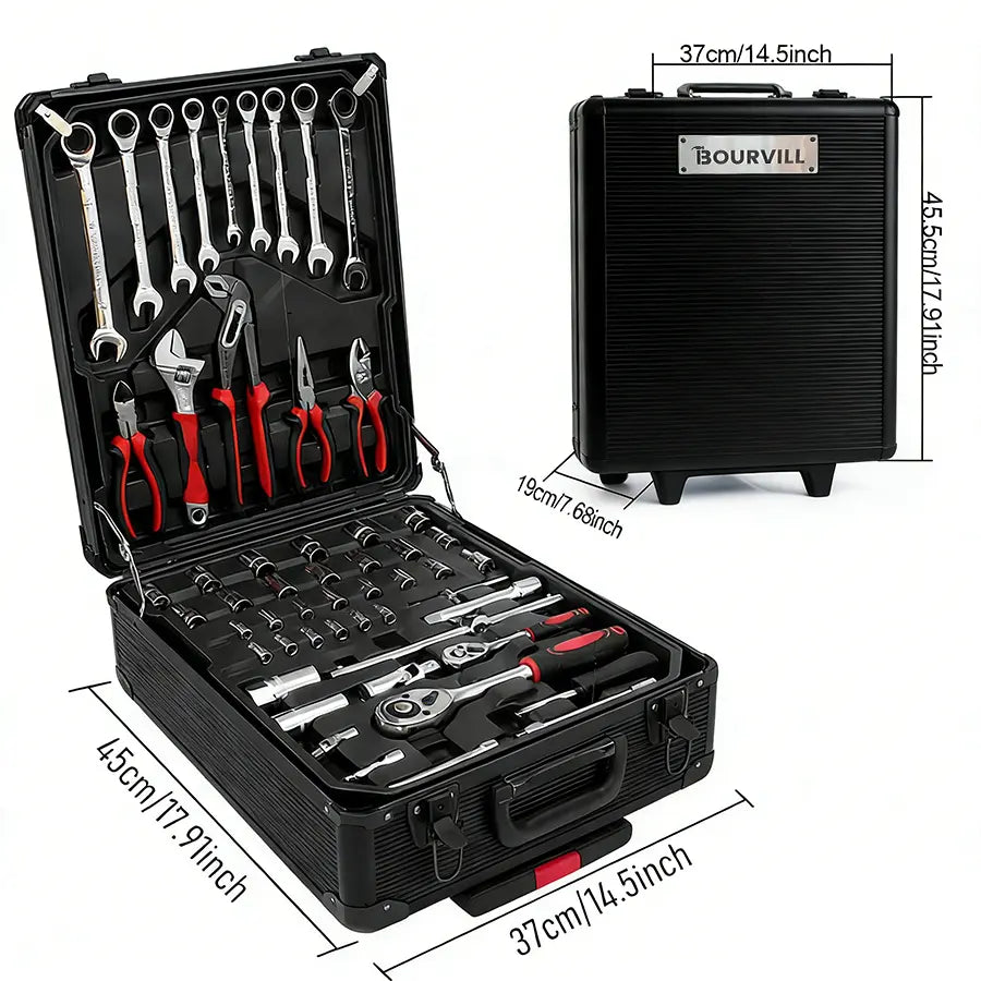 Bourvill 899-Piece Tool Set – Rolling Metal Tool Box with 4-Tier Storage, High-Capacity Aluminum Case & Complete Hand Tool Kit for Auto Repair, Home Maintenance & DIY