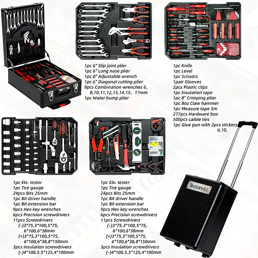 Bourvill 899-Piece Tool Set – Rolling Metal Tool Box with 4-Tier Storage, High-Capacity Aluminum Case & Complete Hand Tool Kit for Auto Repair, Home Maintenance & DIY