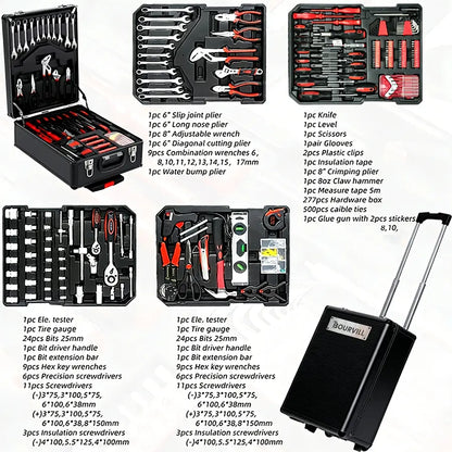 Bourvill 899-Piece Tool Set – Rolling Metal Tool Box with 4-Tier Storage, High-Capacity Aluminum Case & Complete Hand Tool Kit for Auto Repair, Home Maintenance & DIY