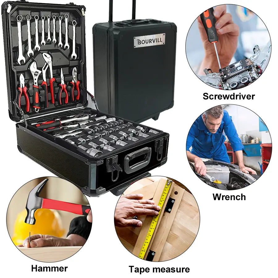 Bourvill 899-Piece Tool Set – Rolling Metal Tool Box with 4-Tier Storage, High-Capacity Aluminum Case & Complete Hand Tool Kit for Auto Repair, Home Maintenance & DIY