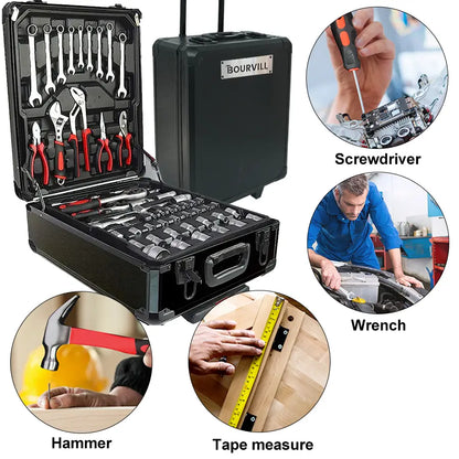 Bourvill 899-Piece Tool Set – Rolling Metal Tool Box with 4-Tier Storage, High-Capacity Aluminum Case & Complete Hand Tool Kit for Auto Repair, Home Maintenance & DIY