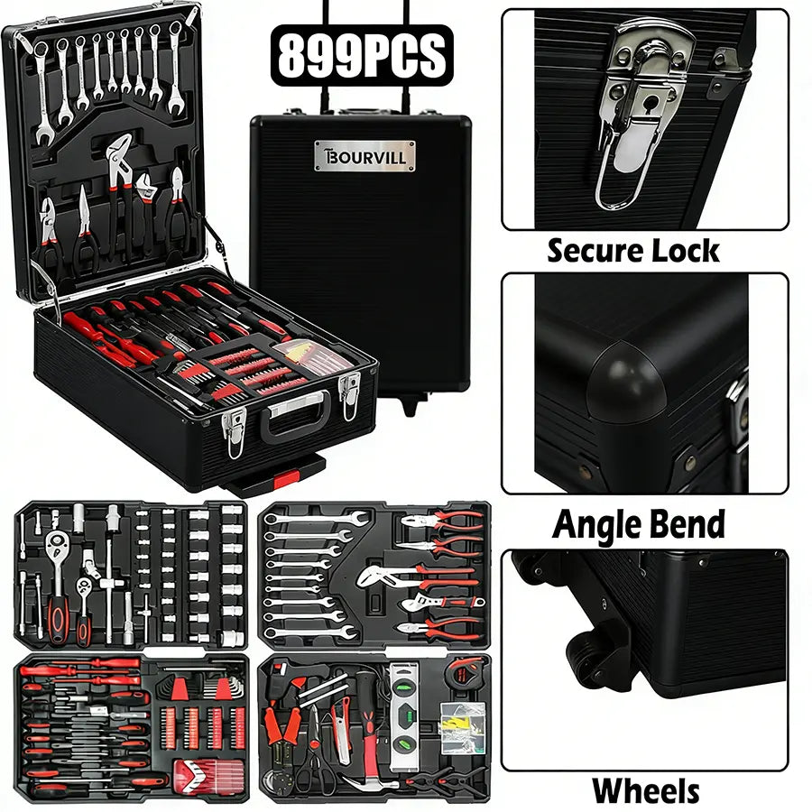 Bourvill 899-Piece Tool Set – Rolling Metal Tool Box with 4-Tier Storage, High-Capacity Aluminum Case & Complete Hand Tool Kit for Auto Repair, Home Maintenance & DIY