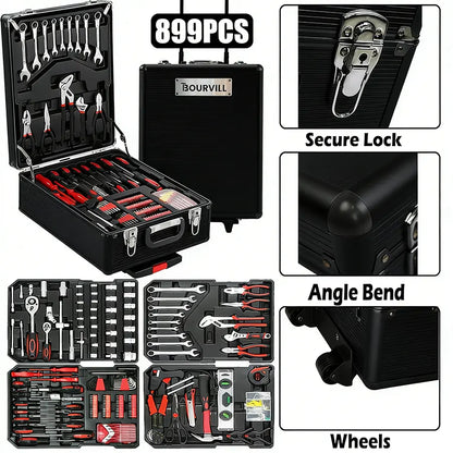 Bourvill 899-Piece Tool Set – Rolling Metal Tool Box with 4-Tier Storage, High-Capacity Aluminum Case & Complete Hand Tool Kit for Auto Repair, Home Maintenance & DIY
