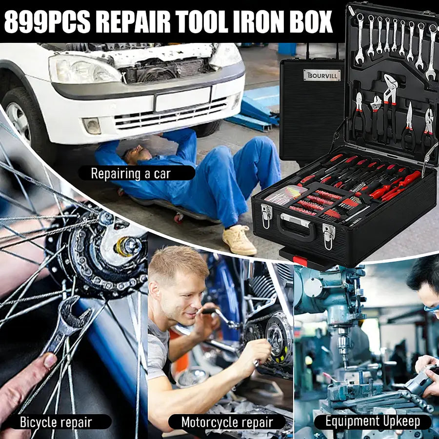 Bourvill 899-Piece Tool Set – Rolling Metal Tool Box with 4-Tier Storage, High-Capacity Aluminum Case & Complete Hand Tool Kit for Auto Repair, Home Maintenance & DIY