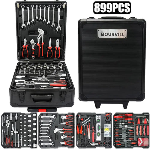 Bourvill 899-Piece Tool Set – Rolling Metal Tool Box with 4-Tier Storage, High-Capacity Aluminum Case & Complete Hand Tool Kit for Auto Repair, Home Maintenance & DIY