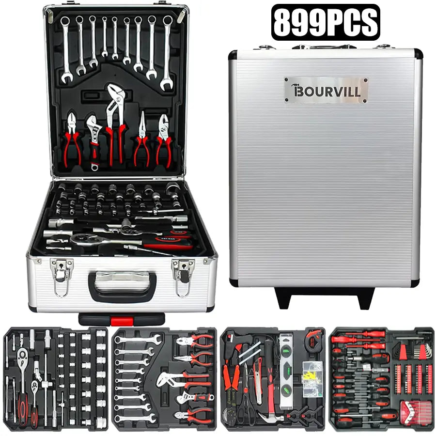 Bourvill 899-Piece Tool Set – Rolling Metal Tool Box with 4-Tier Storage, High-Capacity Aluminum Case & Complete Hand Tool Kit for Auto Repair, Home Maintenance & DIY