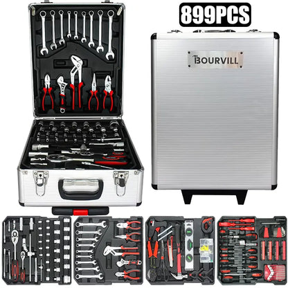 Bourvill 899-Piece Tool Set – Rolling Metal Tool Box with 4-Tier Storage, High-Capacity Aluminum Case & Complete Hand Tool Kit for Auto Repair, Home Maintenance & DIY